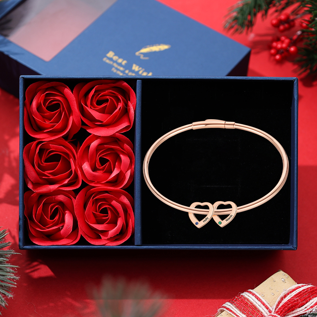 Personalised Heart Bracelet With 2 Birthstones Engraved Names Bracelet Gift For Women-Jessemade AU