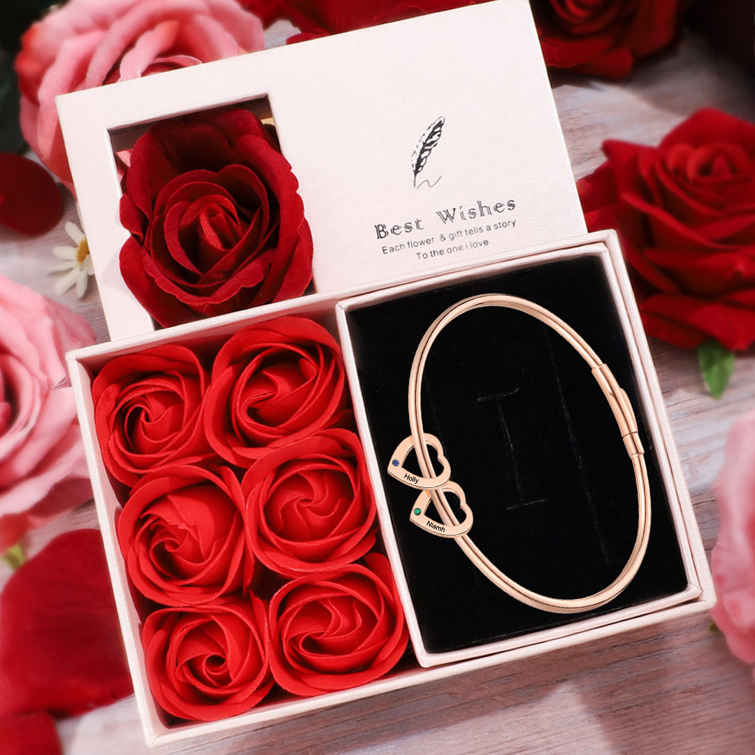 Personalised Heart Bracelet With 2 Birthstones Engraved Names Bracelet Gift For Women-Jessemade AU