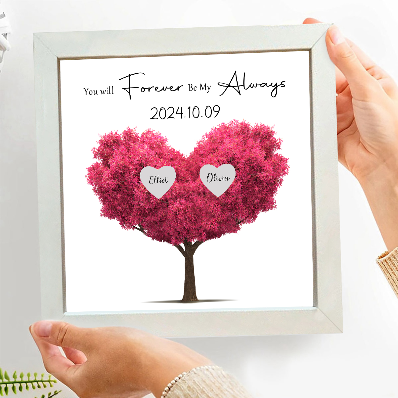 Personalised Pink Heart Tree Frame with Names & Date Forever Love Gift for Couples