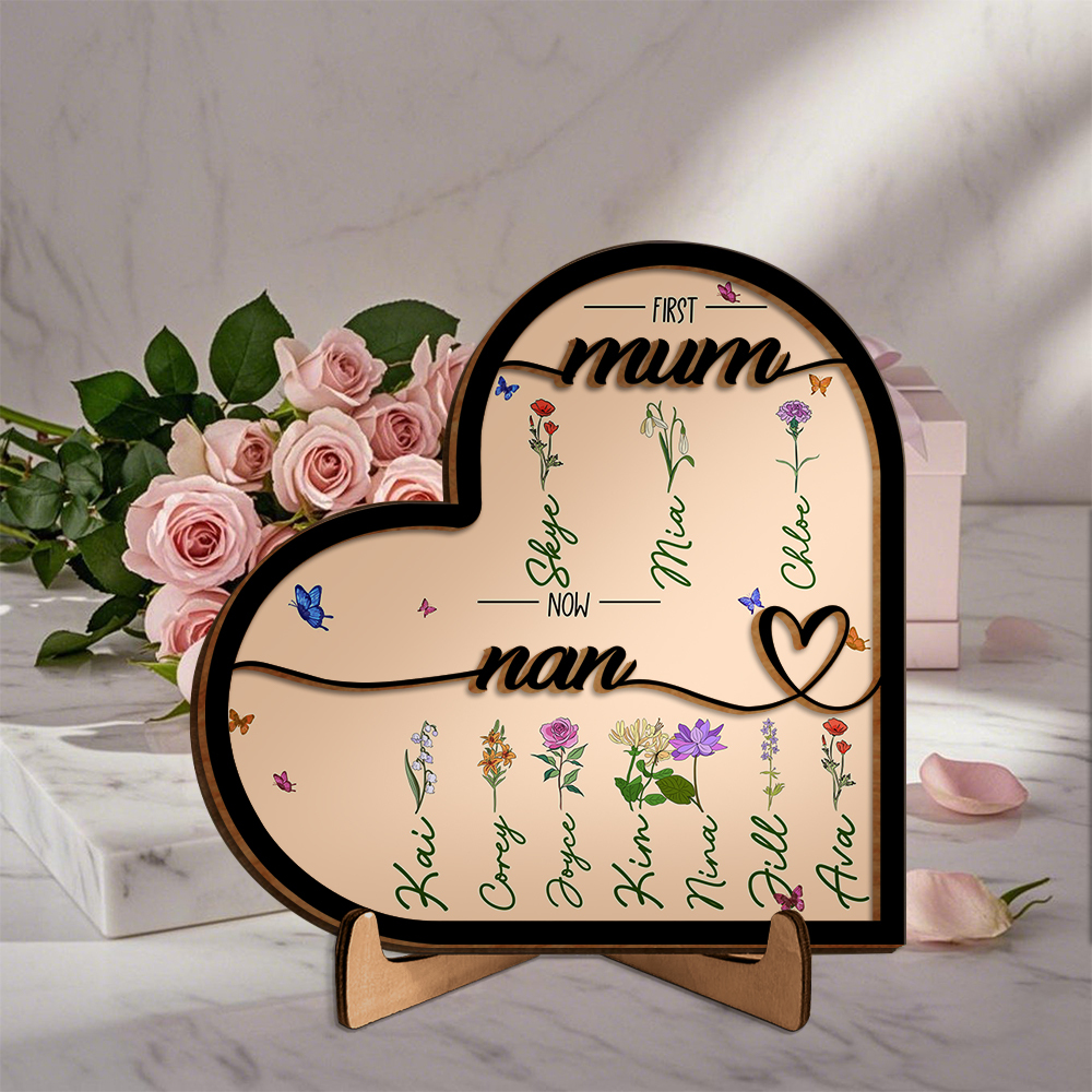 To Mum/Nan -Personalised Heart-Shaped Wooden Plaque Custom with Flowers & 1- 10 Names Ornament Mother's Day Gift | Jessemade
