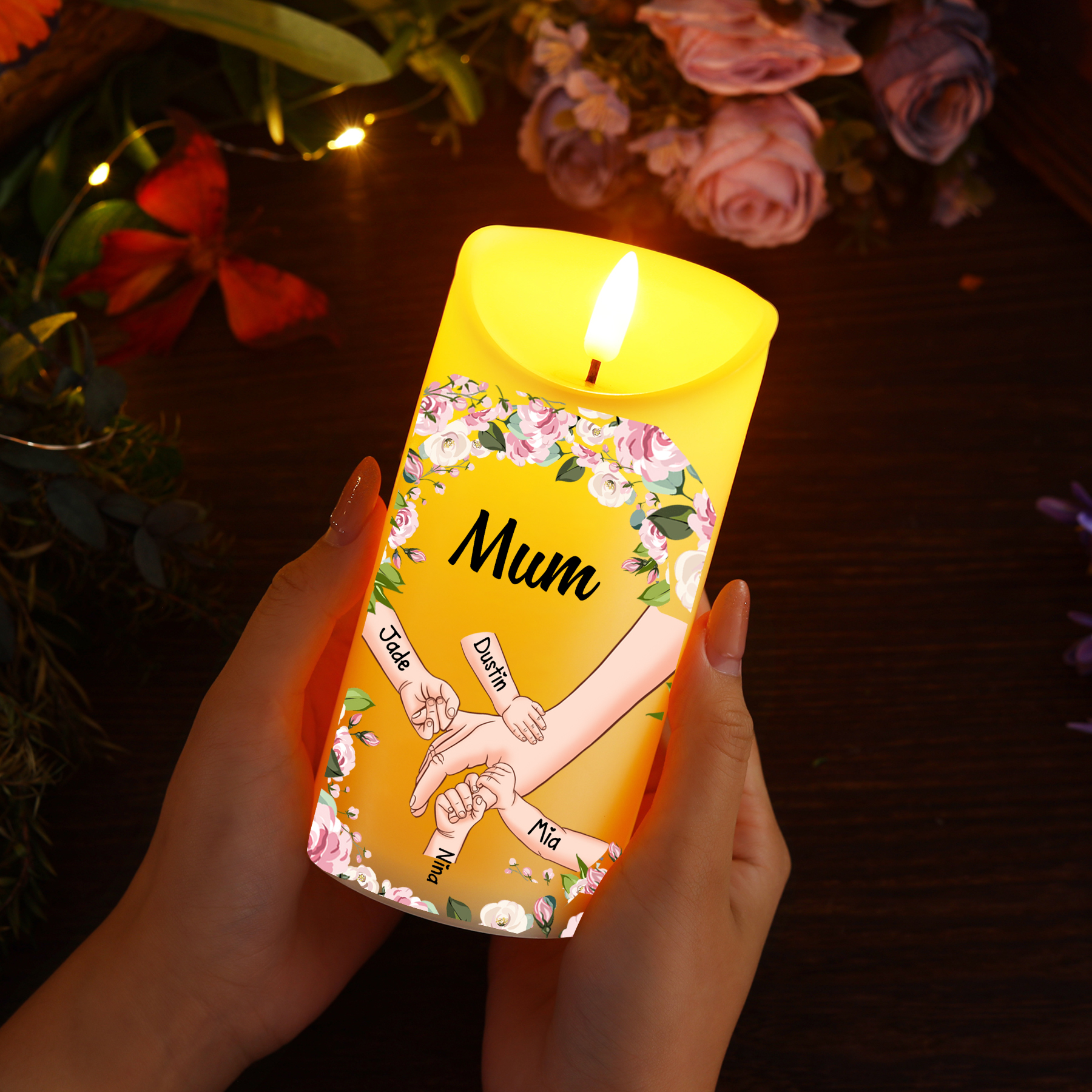 Personalised 1-6 Names Mum LED Candle, Custom Hand in Hand Candle Gift for Mum| Jessemade