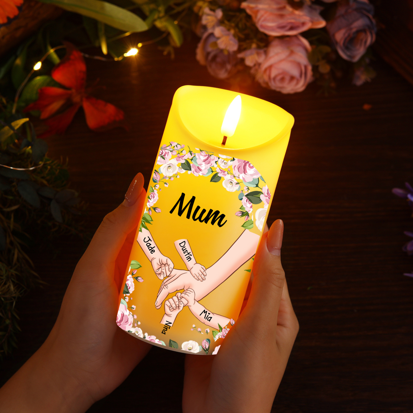 Personalised 1-6 Names Mum LED Candle, Custom Hand in Hand Candle Gift for Mum| Jessemade