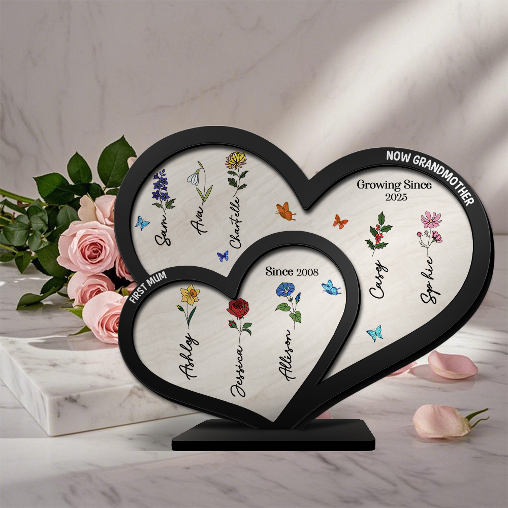 To Mom/Grandma -Personalised Heart-Shaped Wooden Plaque Custom with Flowers & 1- 10 Names Ornament Mother's Day Gift | Jessemade