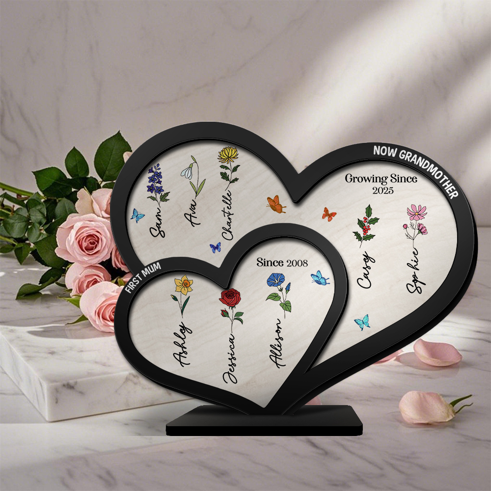 To Mom/Grandma -Personalised Heart-Shaped Wooden Plaque Custom with Flowers & 1- 10 Names Ornament Mother's Day Gift | Jessemade