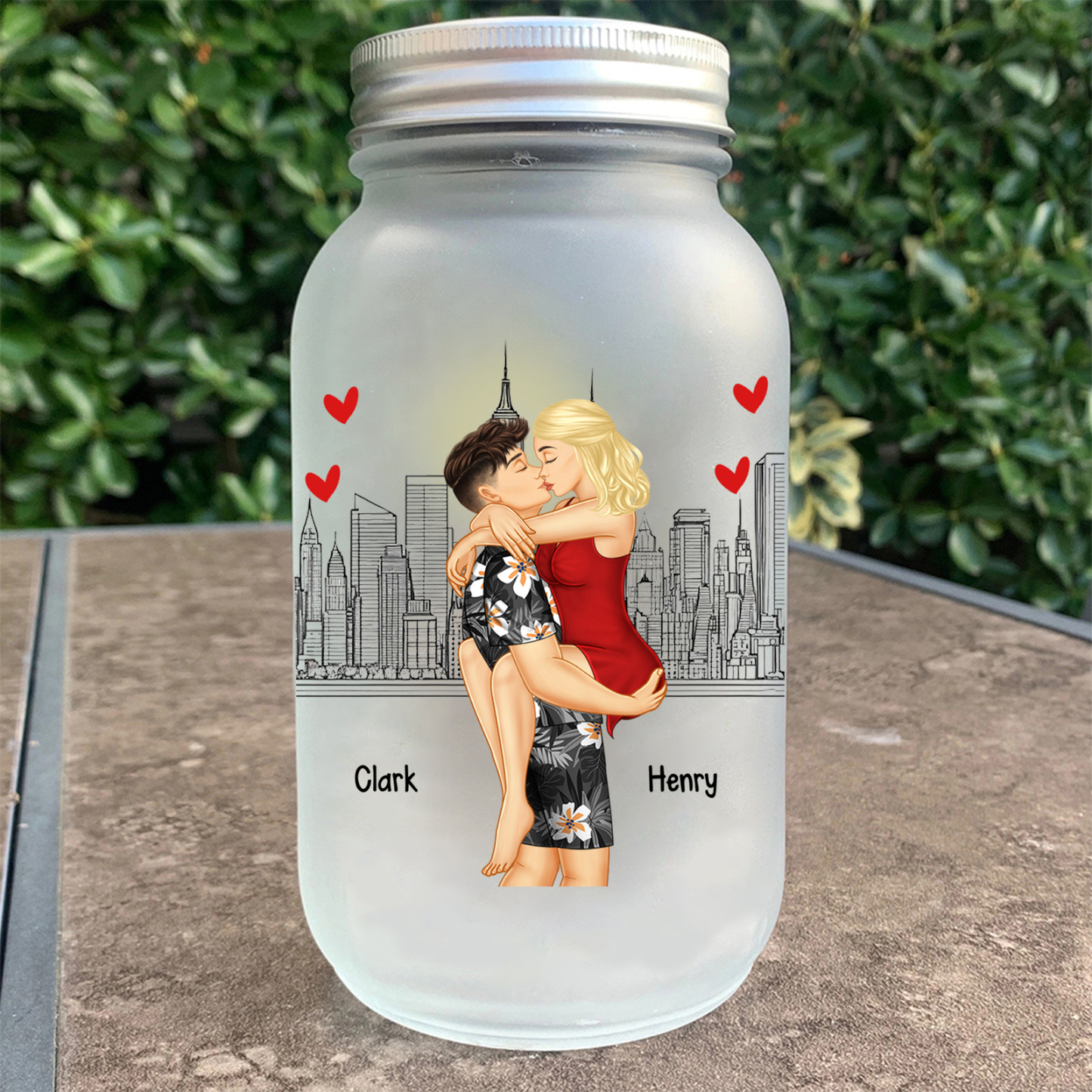 Doll Couple Kissing Personalised Mason Jar Light with 2 Names Romantic Gift for Him and Her