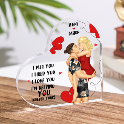 Doll Couple Kissing Personalised Heart Shaped Acrylic Plaque with 2 Names Romantic Gift For Him and Her