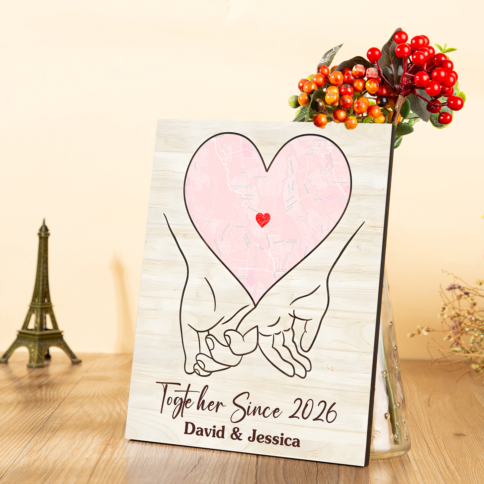 Personalised Heart Map Couple Wooden Plaque