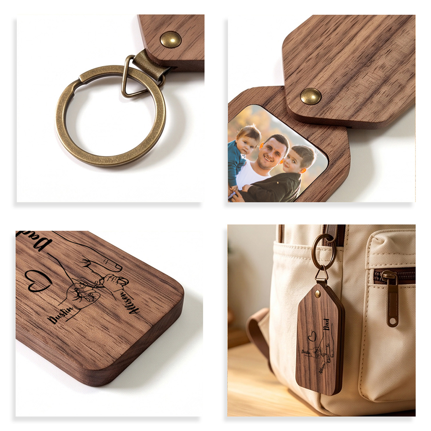 Personalised Wooden Photo Keyring with 2–6 Names, Father's Day Gift for Dad