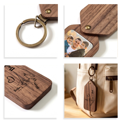 Personalised Wooden Photo Keyring with 2–6 Names, Father's Day Gift for Dad