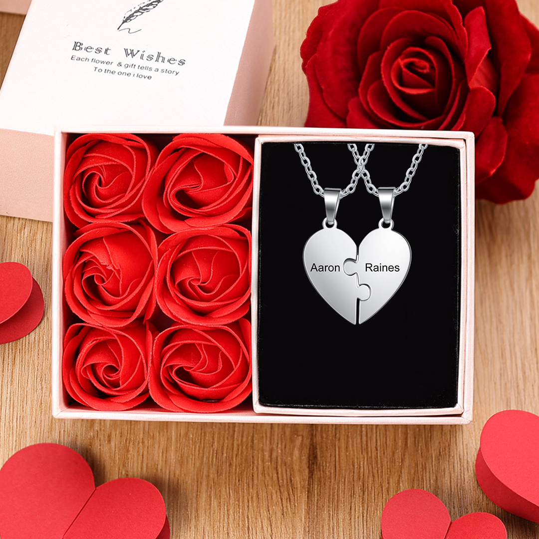 Personalised Heart Puzzle Necklace Engraved 2 Names Matching Necklace Gifts for Couple