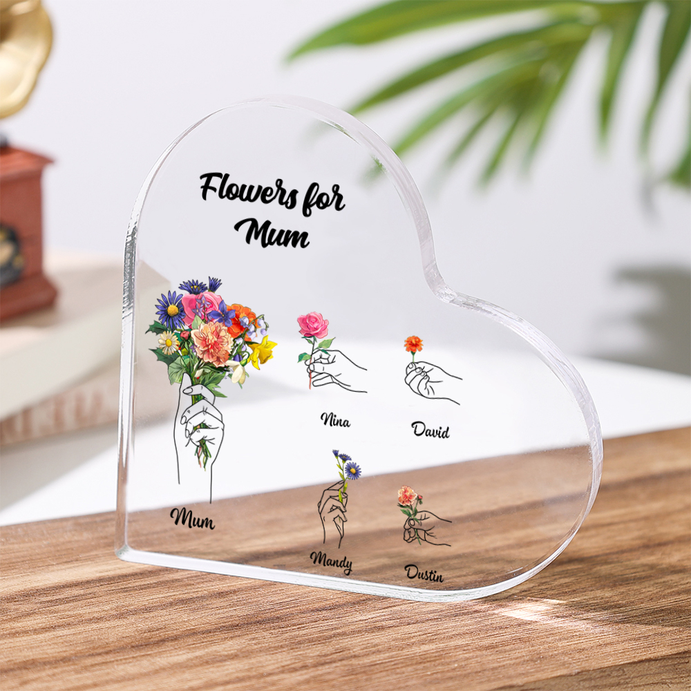 Personalised ‘Flowers for Mum’ Heart Ornament Keepsake – Custom Mother’s Day Gift with Child Names | Jessemade