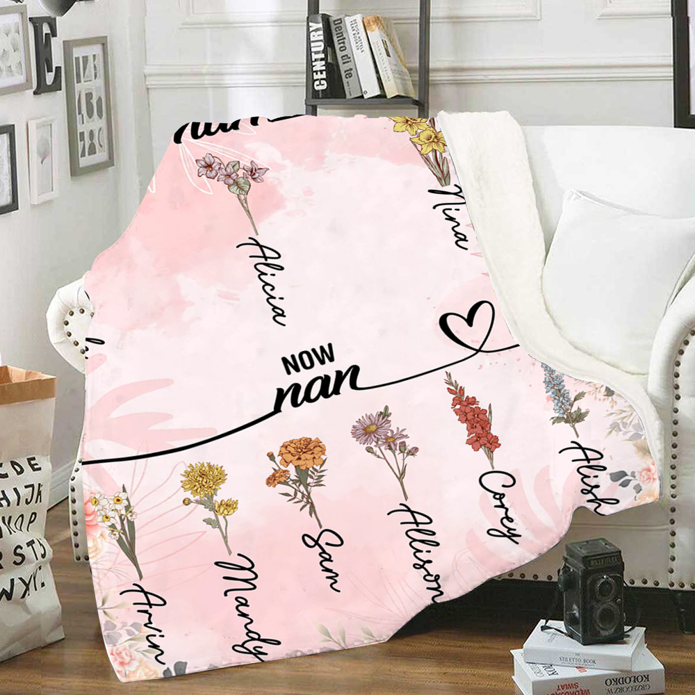 First Mum, Now Nan - Personalised 2–12 Birth Flowers Blanket Custom 2–12 Names Blanket Flannel Gifts for Grandma-Jessemade AU