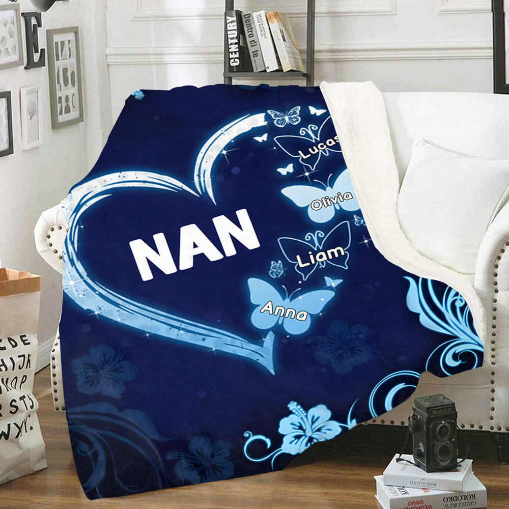 Personalised Heart Butterfly Blanket Custom 1–8 Names Gift for Mum/Grandma