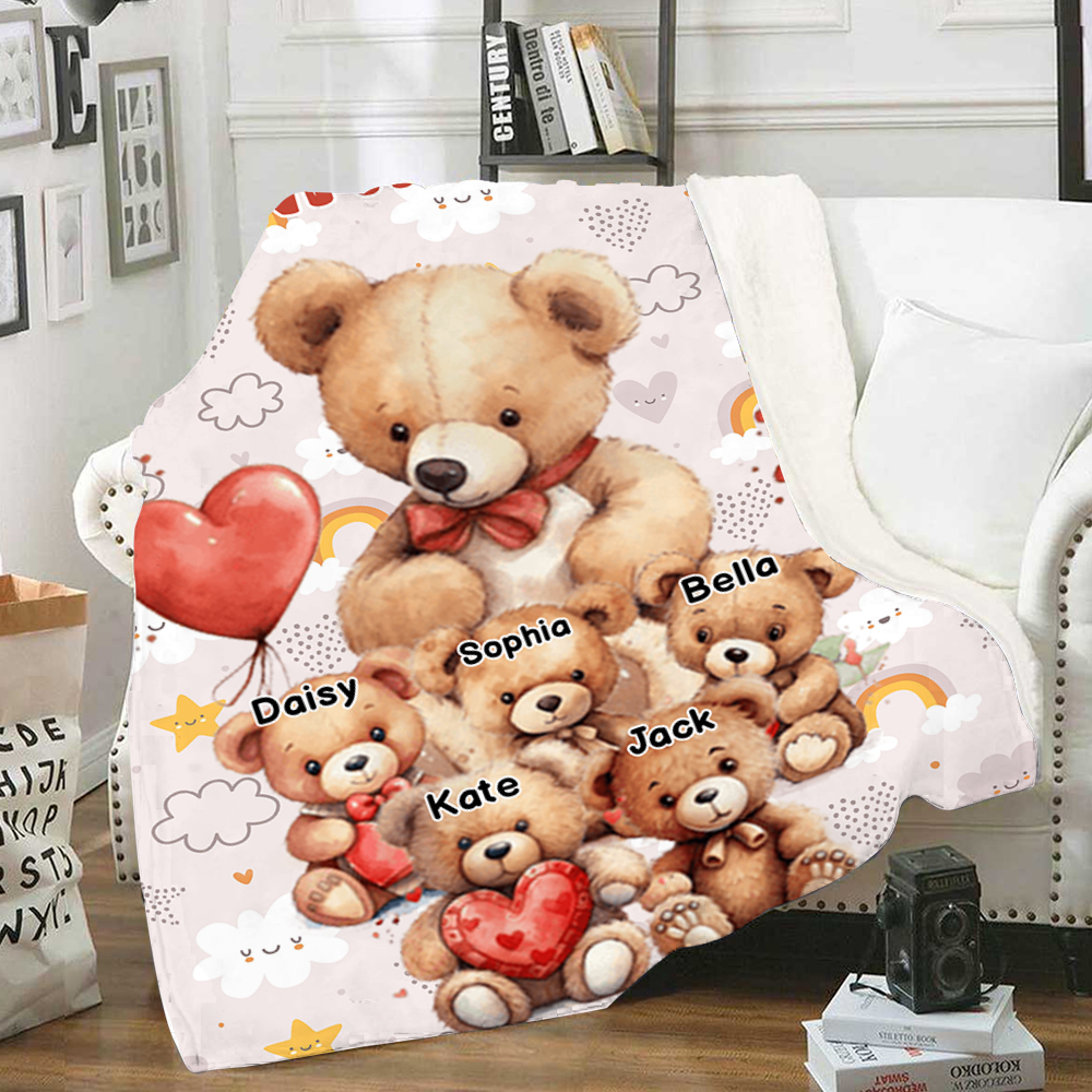 Personalised Bear Blanket Custom 1 Text & 1–8 Names Gifts for Mum/Grandma/Nan