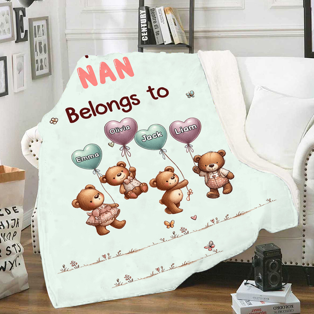 Personalised Balloon Bear Blanket Custom 1 Text & 1–10 Names Gifts for Mum/Grandma/Nan