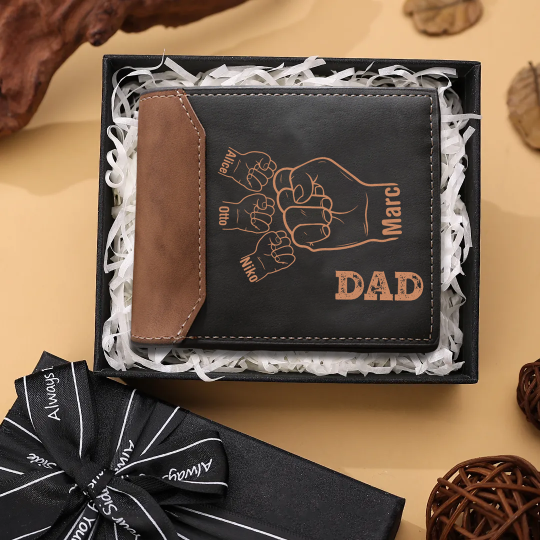 Personalised Men's Leather Wallet with 2–9 Names and 1 Text Billfold Wallet Fist Bump Gift for Dad/Grandpa | Jessemade-Jessemade AU