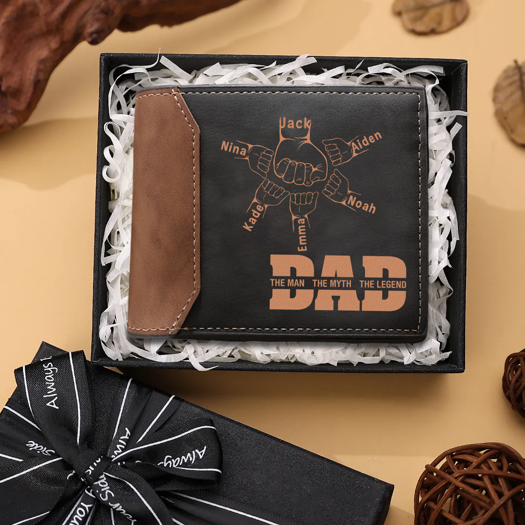 Personalised Men's Leather Wallet Custom 2–9 Names Billfold Wallet Fist Bump Gift for Dad - The Man, The Myth, The Legend