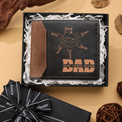 Personalised Men's Leather Wallet Custom 2–9 Names Billfold Wallet Fist Bump Gift for Dad - The Man, The Myth, The Legend
