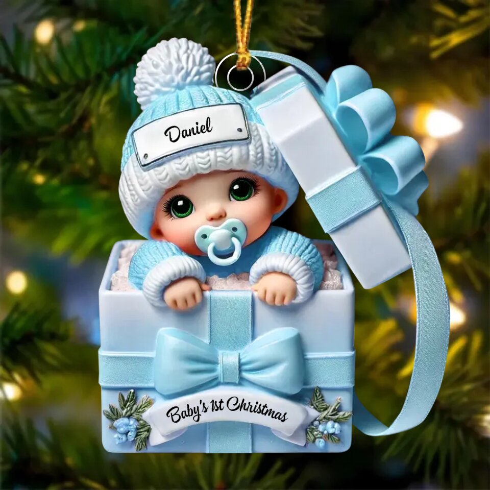 Personalised Christmas Tree Decoration – Baby in a Gift Box for Their First Christmas