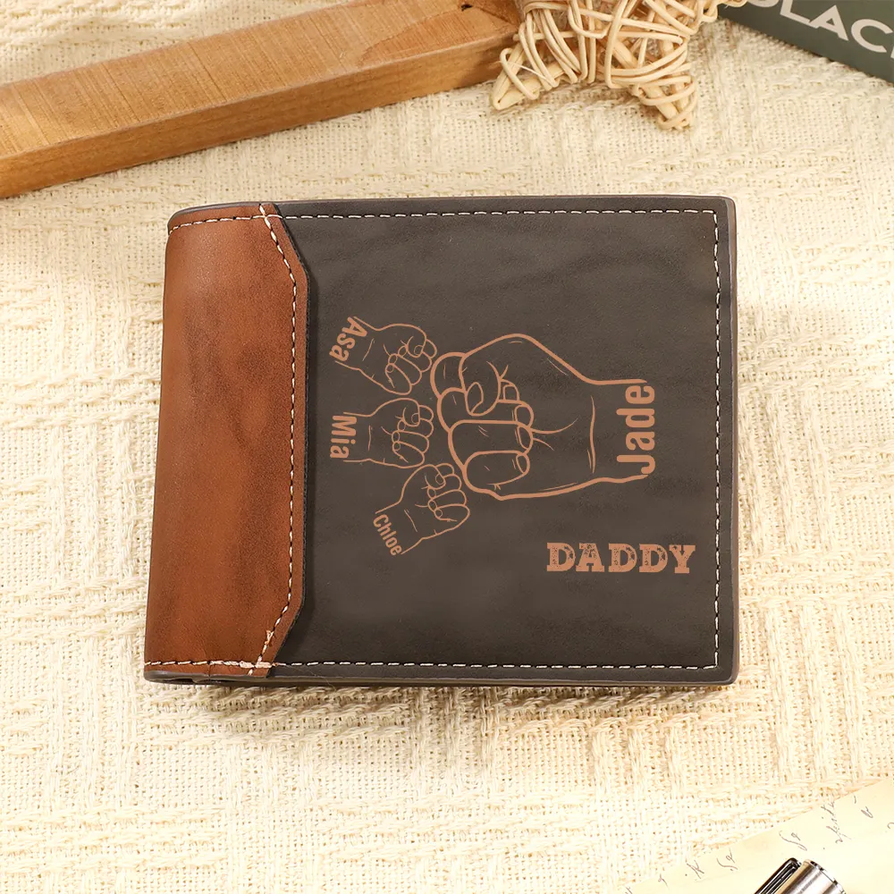 Personalised Men's Leather Wallet with 2–9 Names and 1 Text Billfold Wallet Fist Bump Gift for Dad/Grandpa | Jessemade