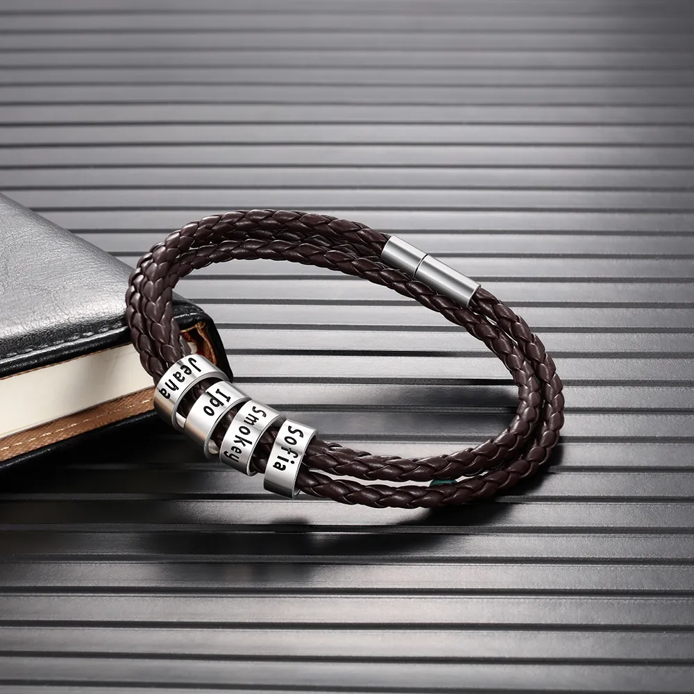 Personalised Braided Leather Bracelet for Men With Custom Engraved 2-6 Names Beads - Father's Day Gifts for Dad | Jessemade