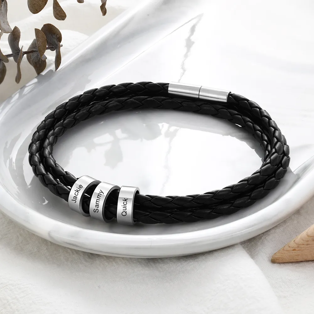 Personalised Braided Leather Bracelet for Men With Custom Engraved 2-6 Names Beads - Father's Day Gifts for Dad | Jessemade
