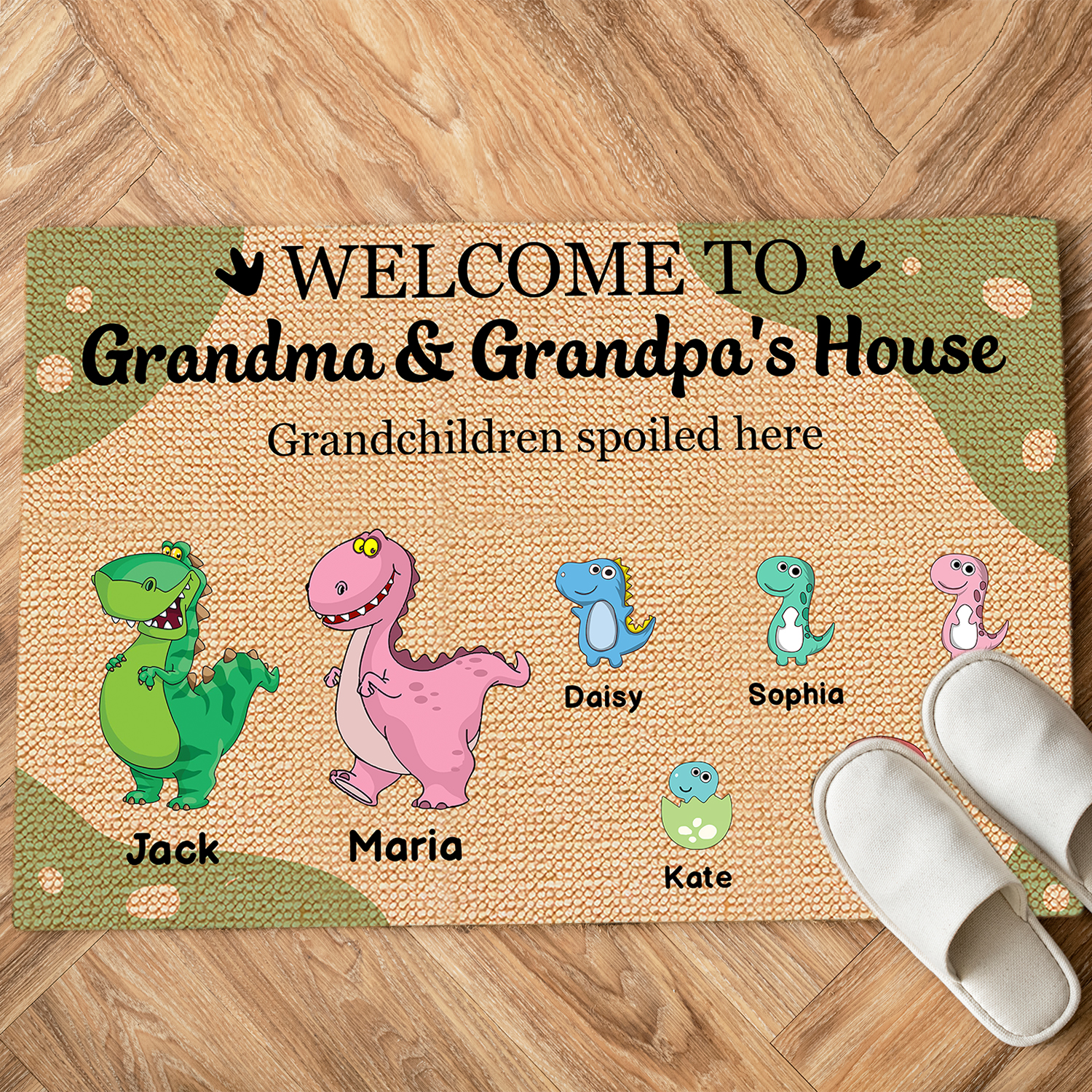 Welcome To Grandma & Grandpa's House - Personalised 1–12 Names Dinosaur Doormat Gift for Grandparents