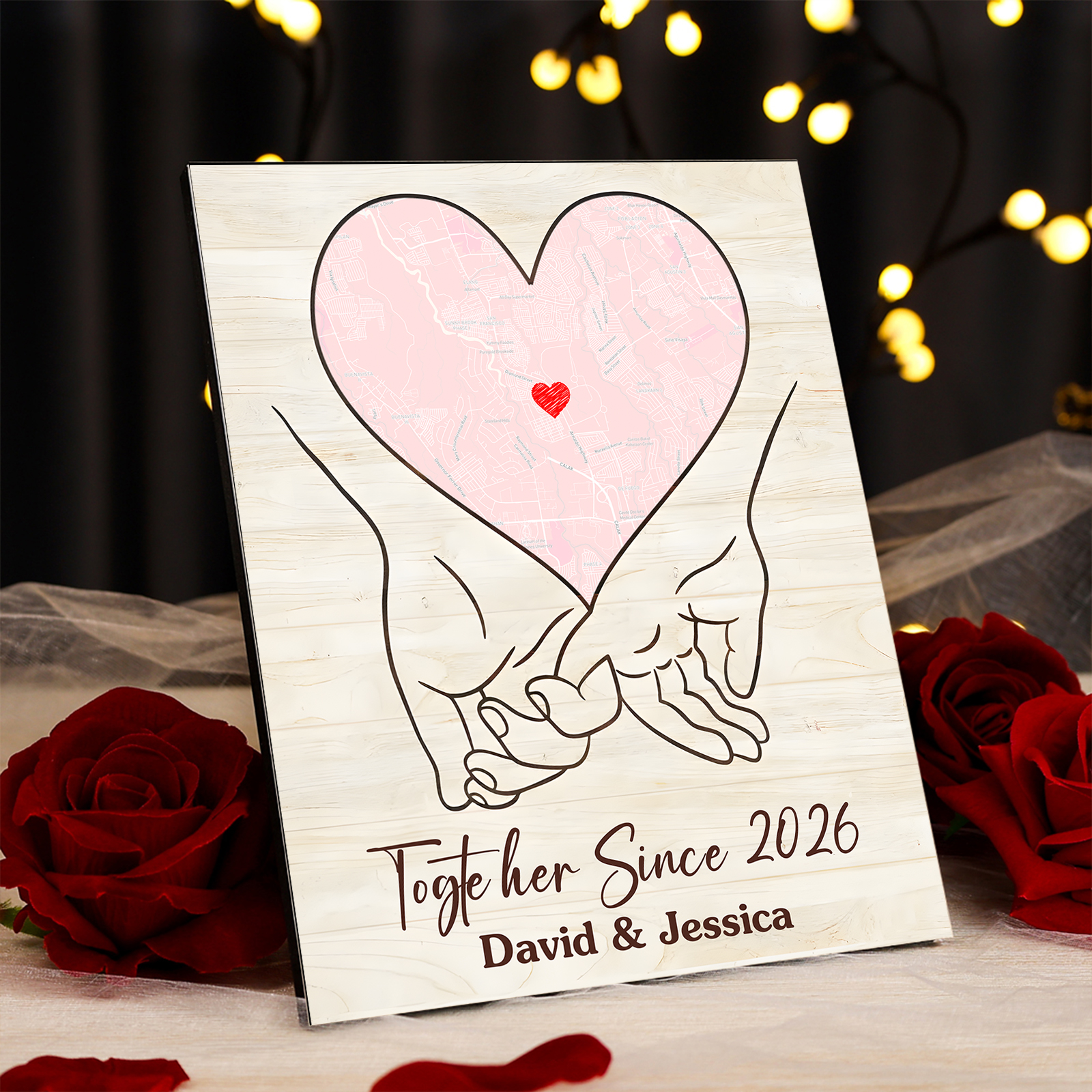 Personalised Heart Map Couple Wooden Plaque