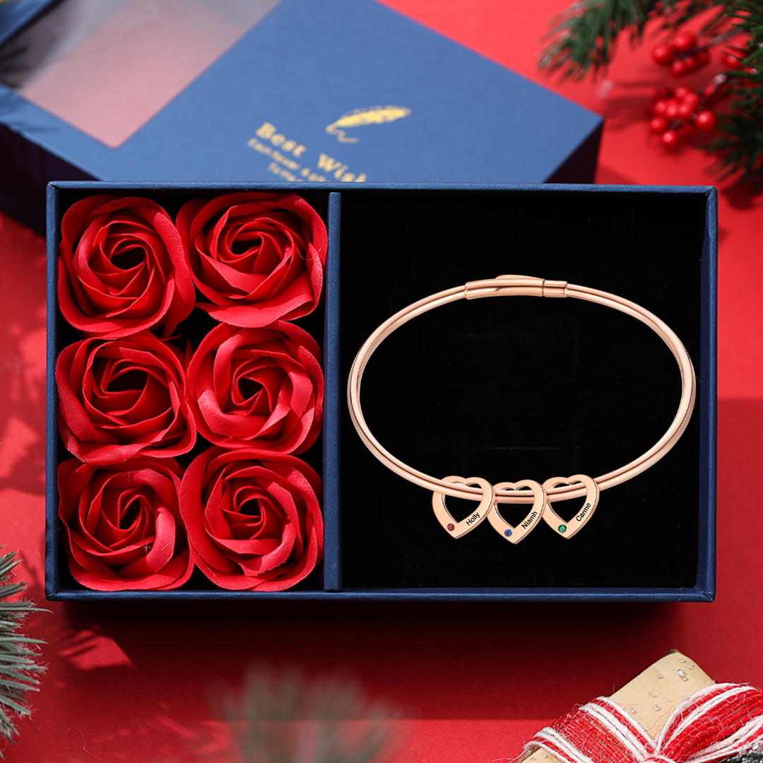 Personalised Heart Bracelet With 3 Birthstones Engraved Names Bracelet Gift For Women-Jessemade AU