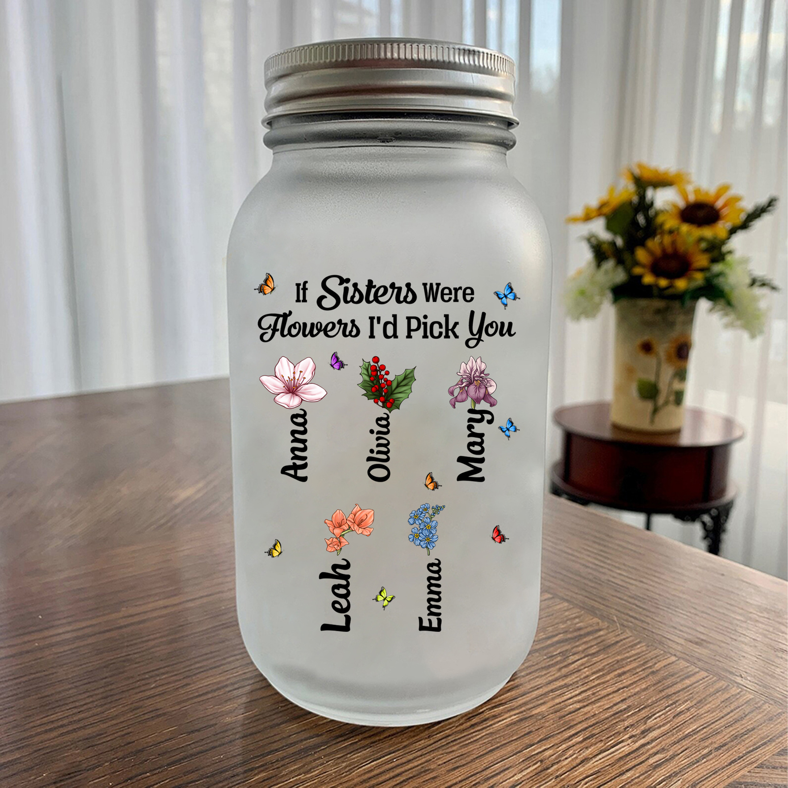 Personalised Birth Flower Mason Jar Light Custom 2-6 Names Bottle Gifts for Besties/Sistas - If Sisters Were Flowers I'd Pick You-Jessemade AU