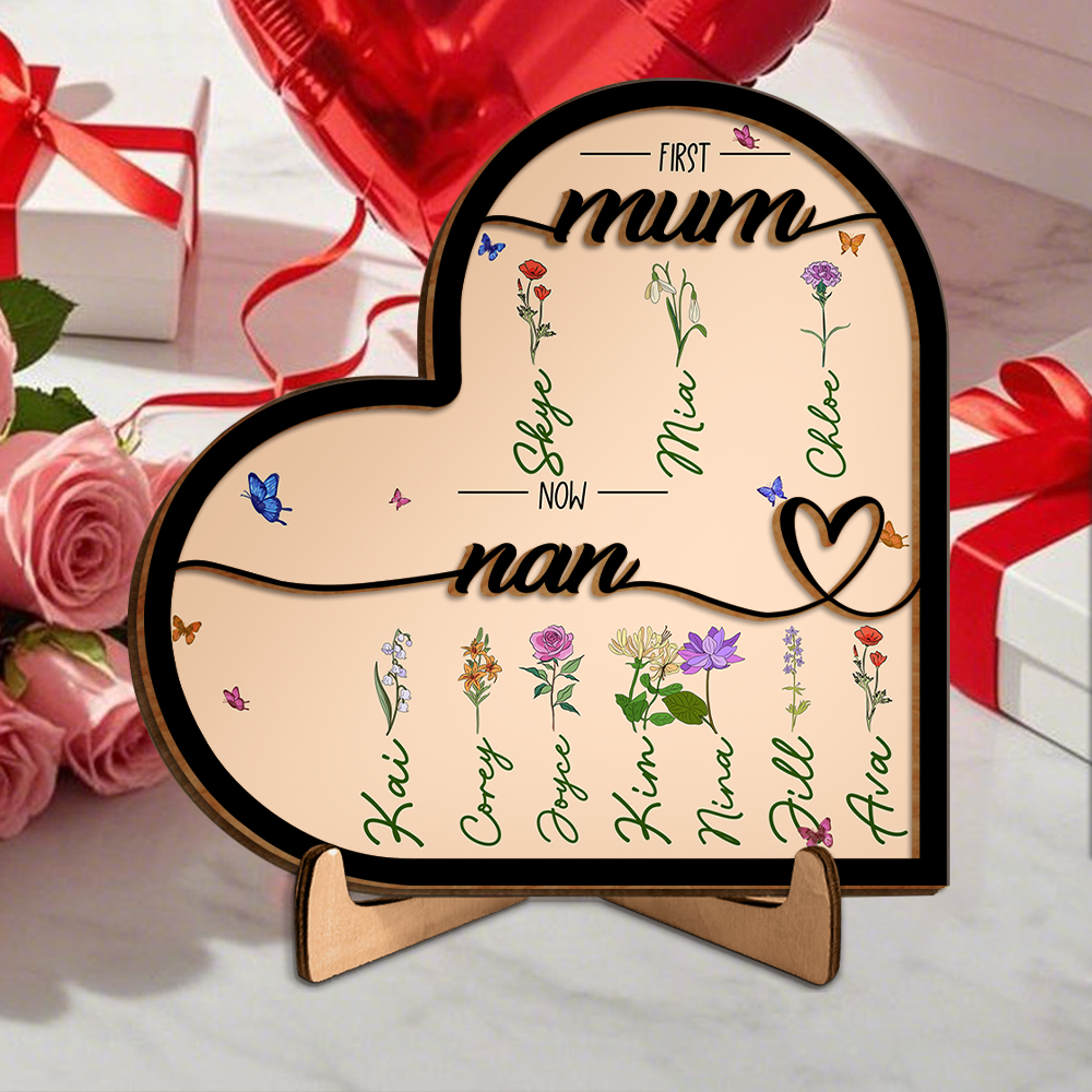 To Mum/Nan -Personalised Heart-Shaped Wooden Plaque Custom with Flowers & 1- 10 Names Ornament Mother's Day Gift | Jessemade
