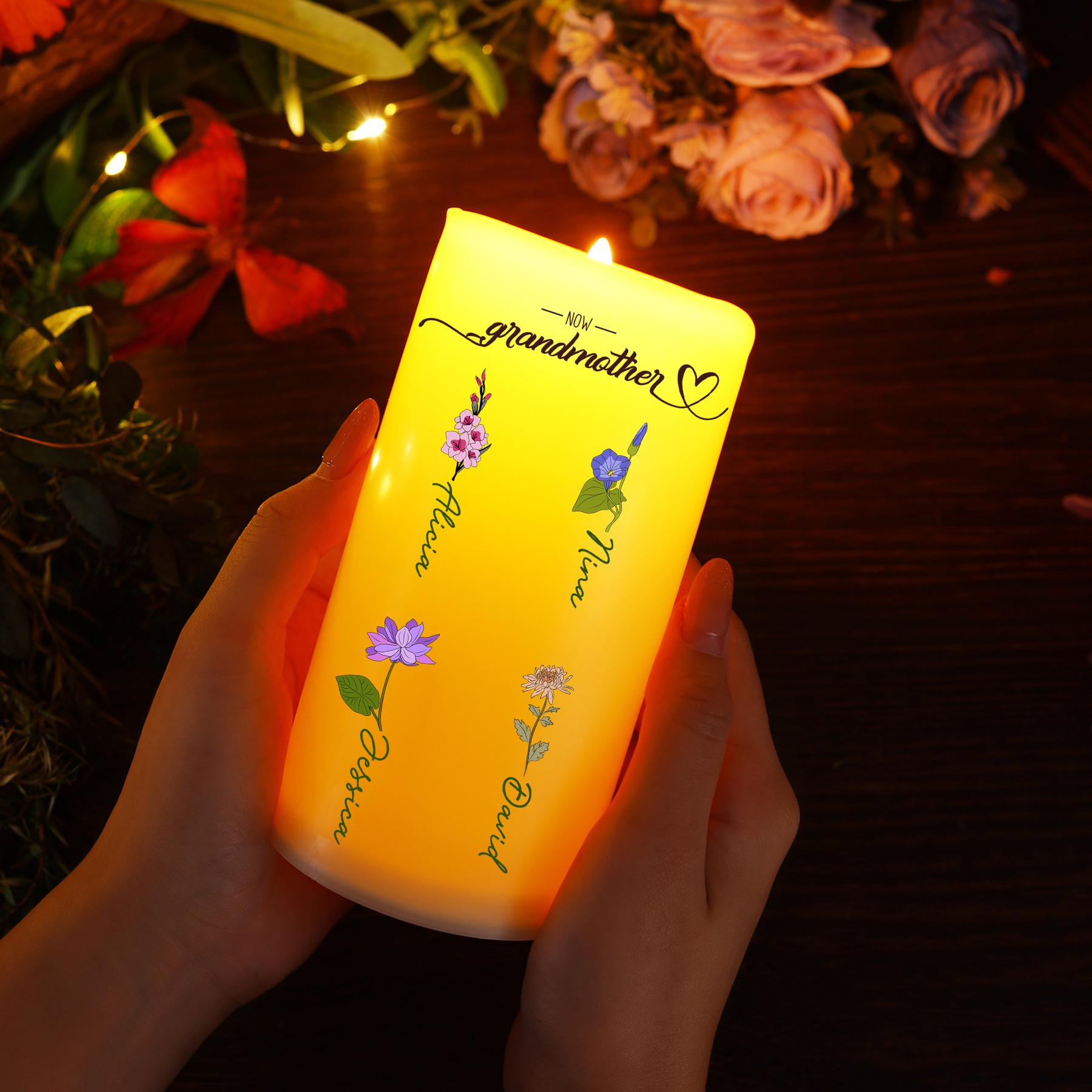 Personalised 1-10 Names Mum LED Candle, Custom First Mum Now Grandmother Candle Gift | Jessemade