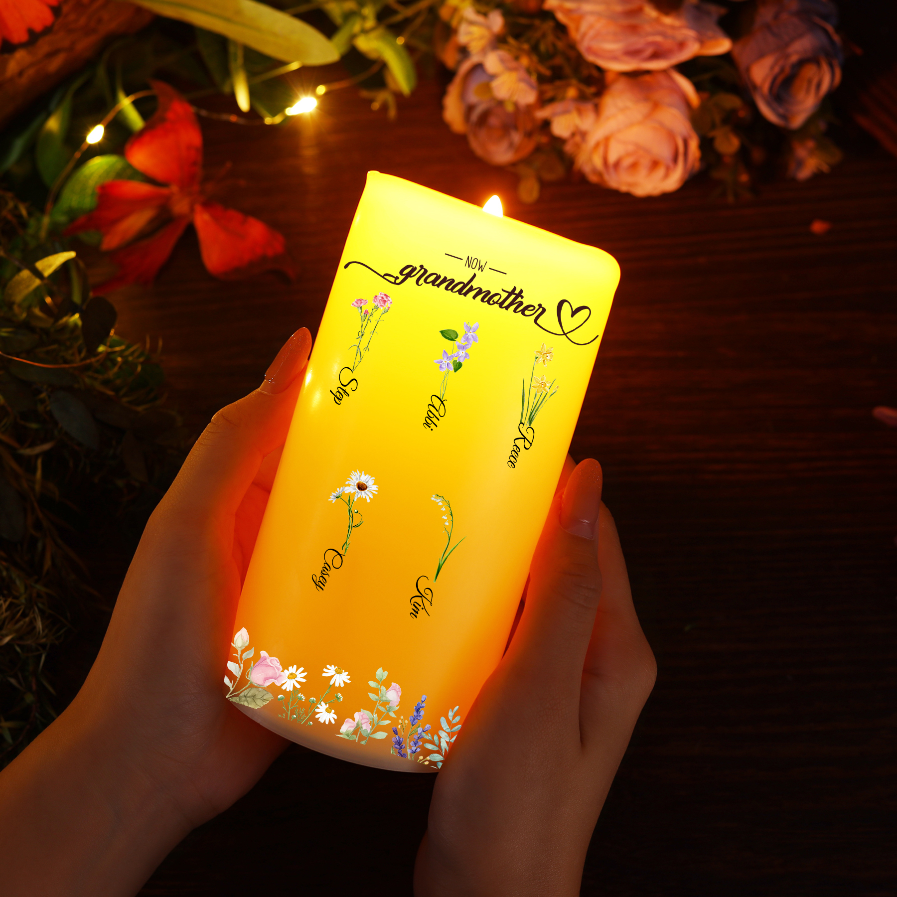 For Mum/Nan Personalised LED Candle with Birth Flowers and 2–18 Names | Jessemade