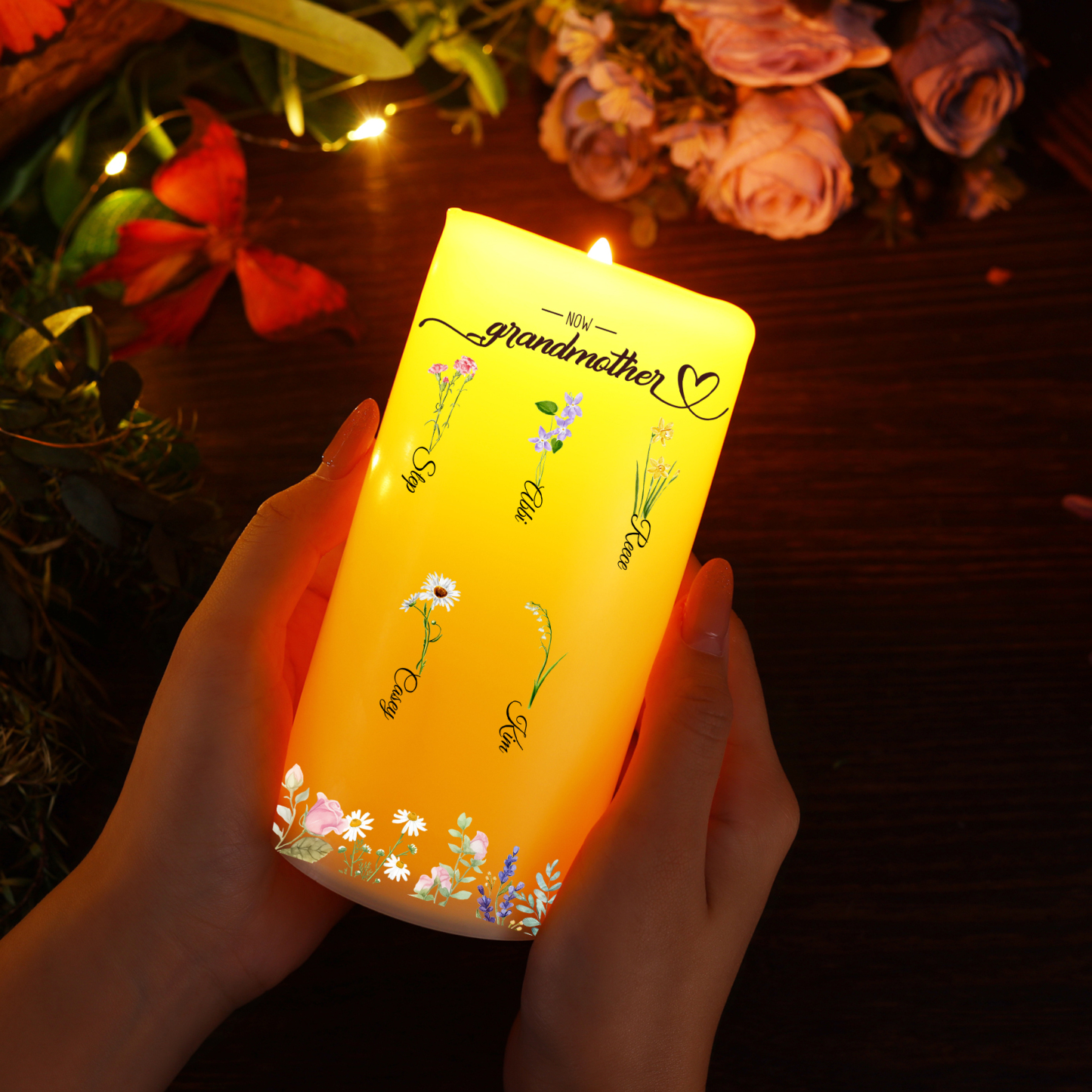 For Mum/Nan Personalised LED Candle with Birth Flowers and 2–18 Names | Jessemade