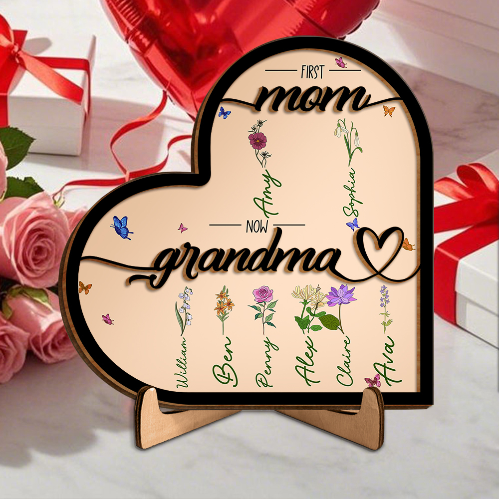 To Mom/Grandma -Personalised Heart-Shaped Wooden Plaque Custom with Flowers & 1- 10 Names Ornament Mother's Day Gift | Jessemade