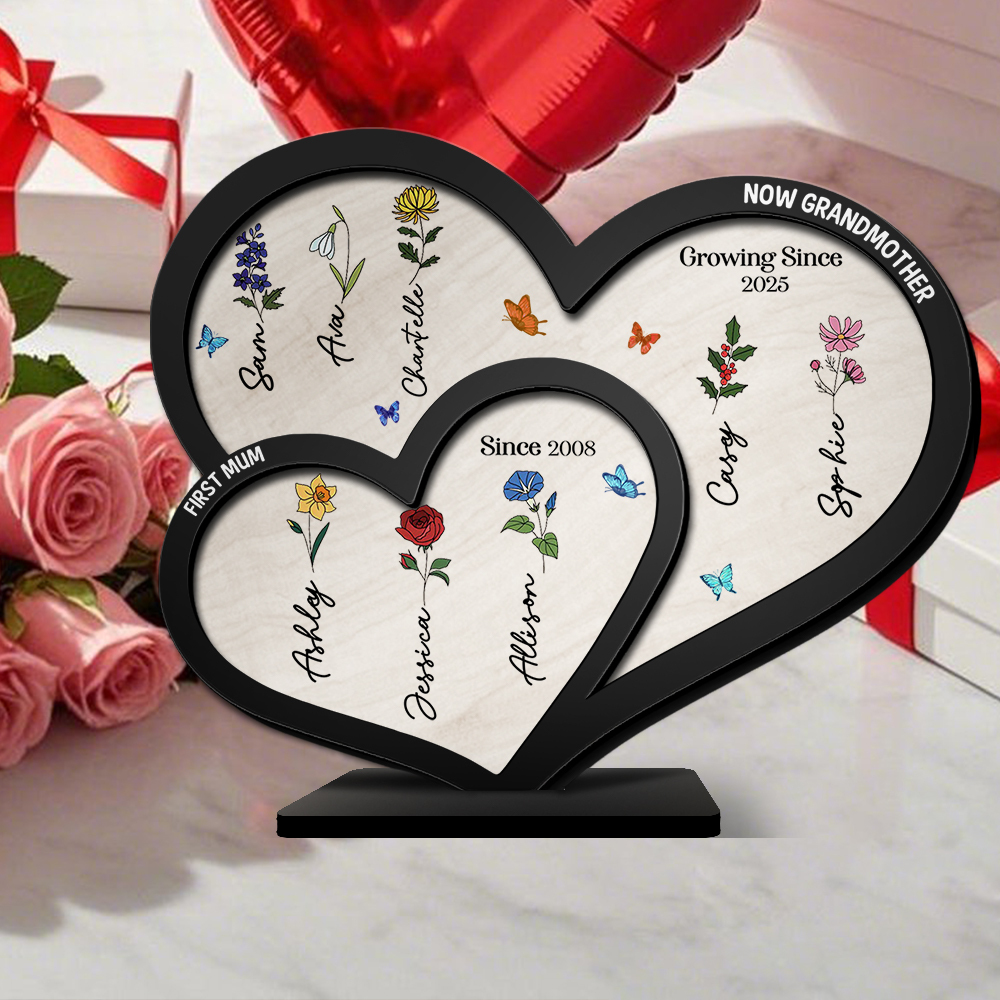 To Mom/Grandma -Personalised Heart-Shaped Wooden Plaque Custom with Flowers & 1- 10 Names Ornament Mother's Day Gift | Jessemade