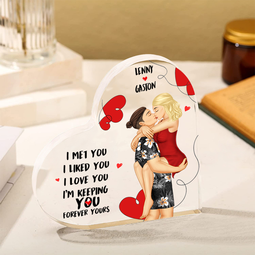 Doll Couple Kissing Personalised Heart Shaped Acrylic Plaque with 2 Names Romantic Gift For Him and Her