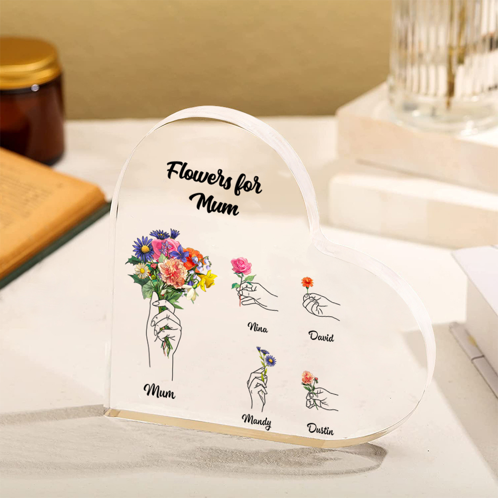 Personalised ‘Flowers for Mum’ Heart Ornament Keepsake – Custom Mother’s Day Gift with Child Names | Jessemade