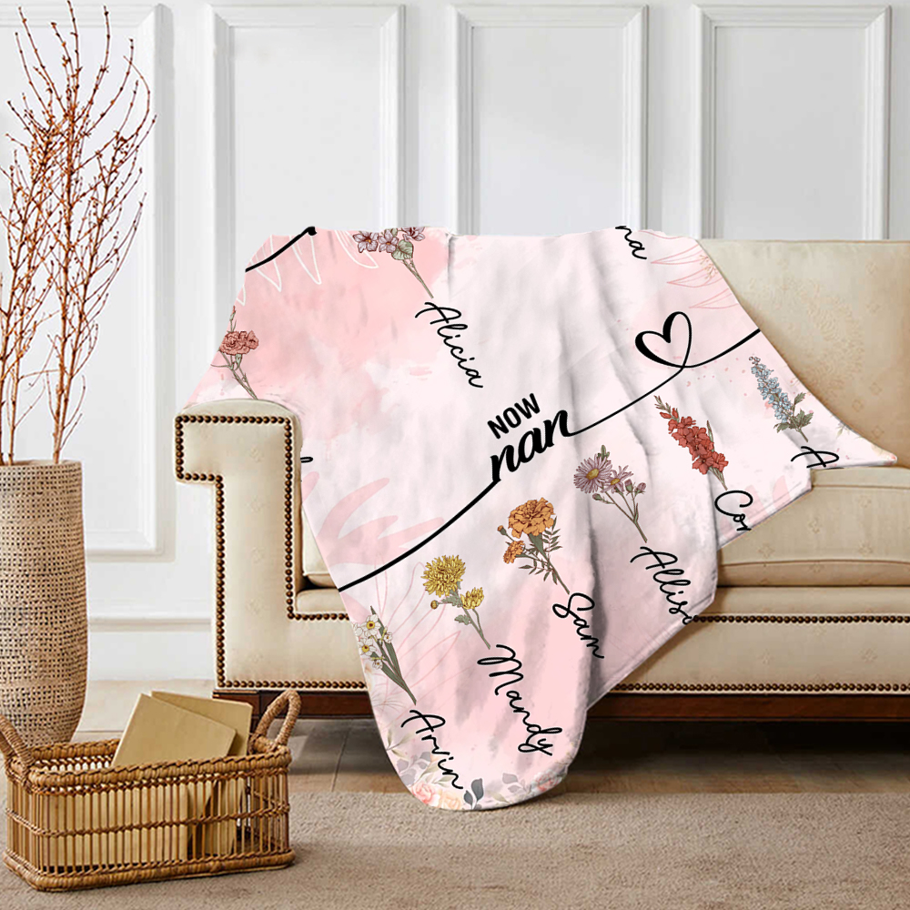 First Mum, Now Nan - Personalised 2–12 Birth Flowers Blanket Custom 2–12 Names Blanket Flannel Gifts for Grandma-Jessemade AU