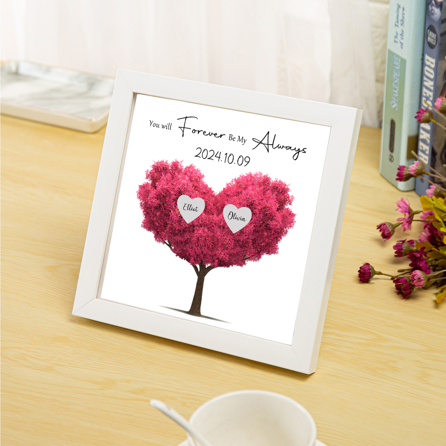 Personalised Pink Heart Tree Frame with 2 Names & Date Forever Love Gift for Couples-Jessemade AU