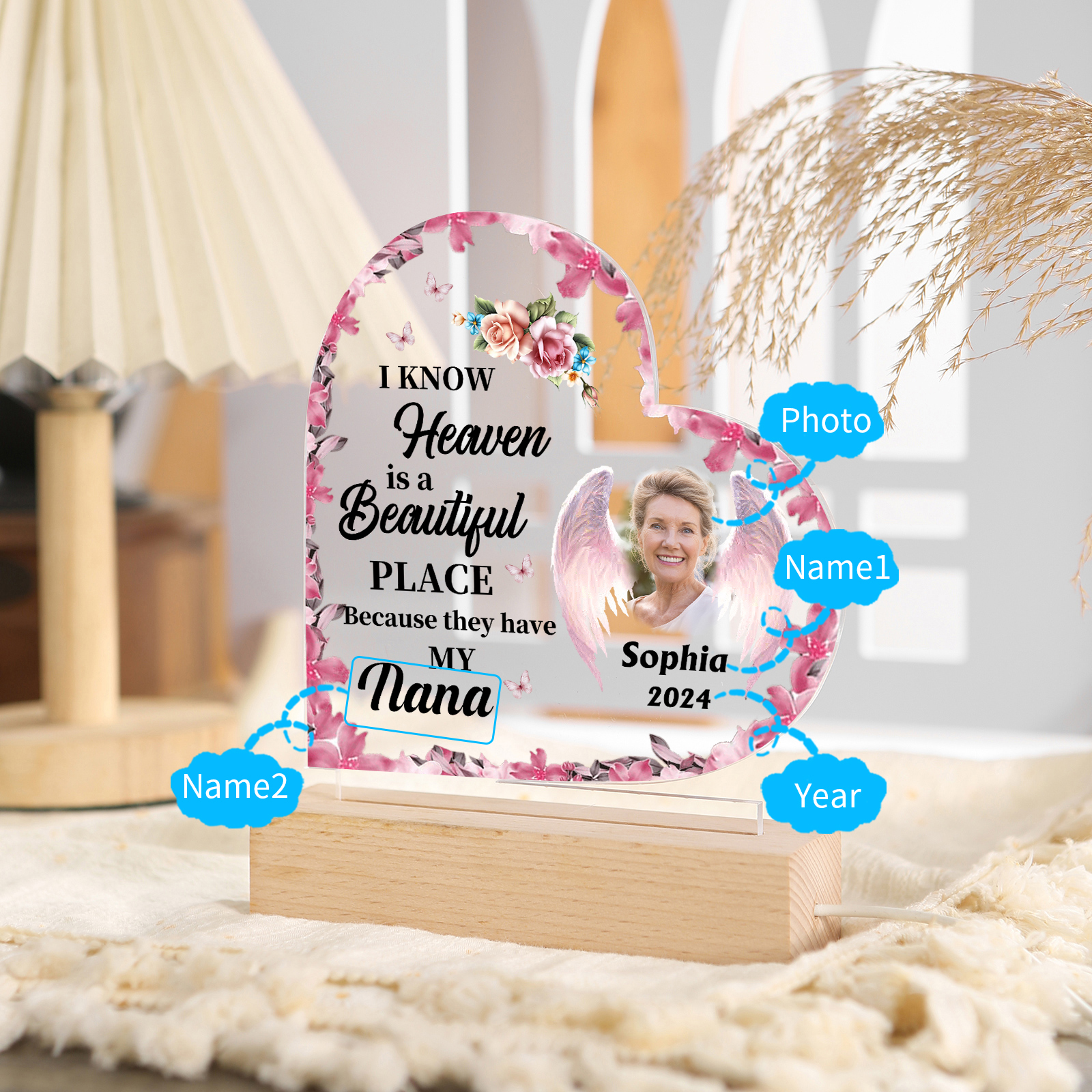 Personalised Heart Memorial LED Light Cherish Loved Ones with Custom Name Photo & Date