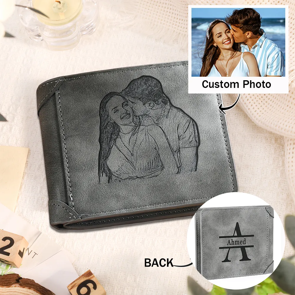 Personalised Men Leather Wallet Custom with Photo Name Letter Folding Wallet Gift for Him