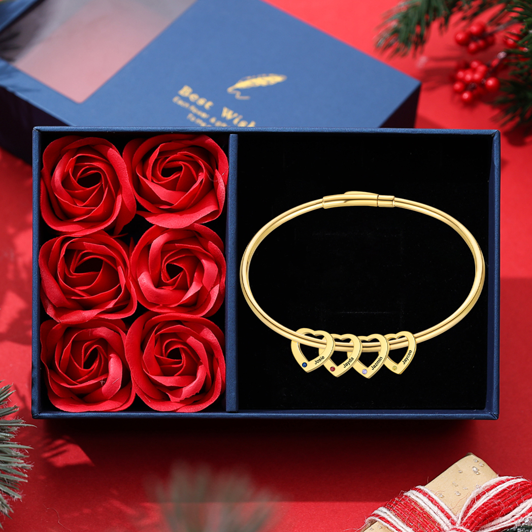 Personalised Heart Bracelet With 4 Birthstones Engraved Names Bracelet Gift For Women-Jessemade AU