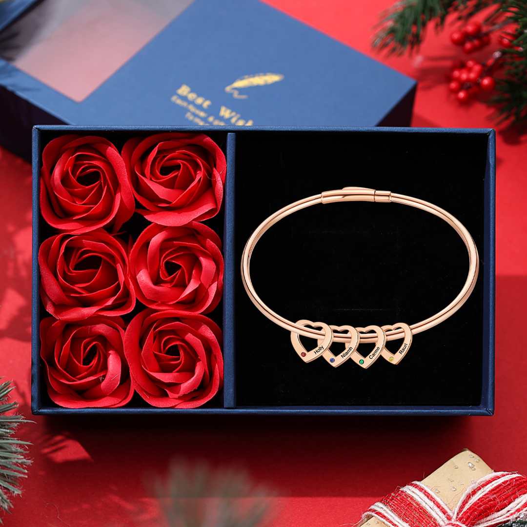 Personalised Heart Bracelet With 4 Birthstones Engraved Names Bracelet Gift For Women-Jessemade AU