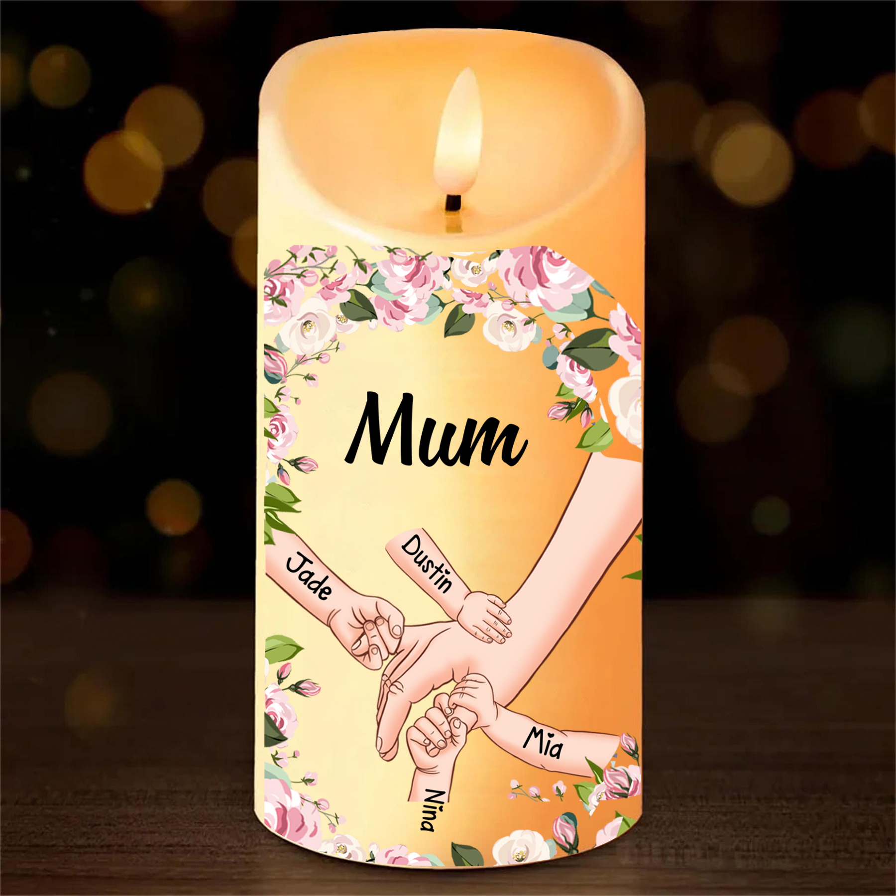 Personalised 1-6 Names Mum LED Candle, Custom Hand in Hand Candle Gift for Mum| Jessemade