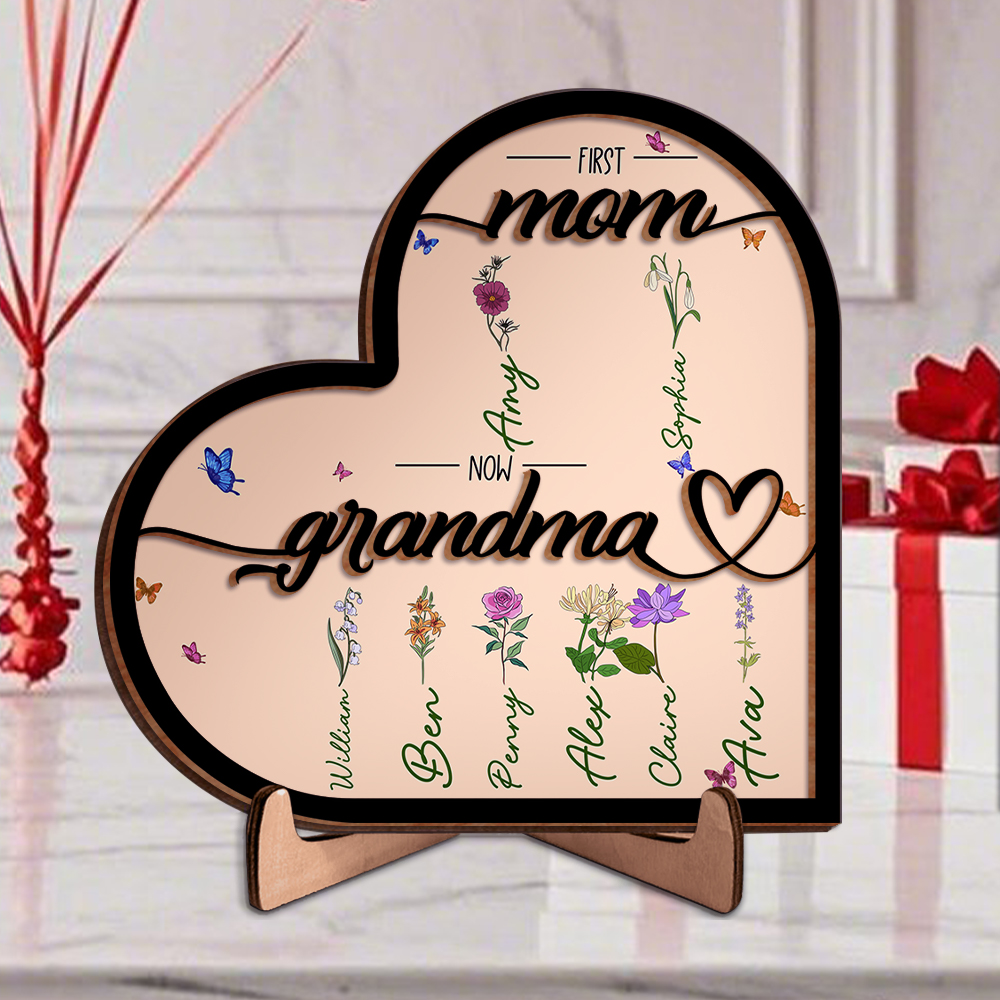 To Mom/Grandma -Personalised Heart-Shaped Wooden Plaque Custom with Flowers & 1- 10 Names Ornament Mother's Day Gift | Jessemade