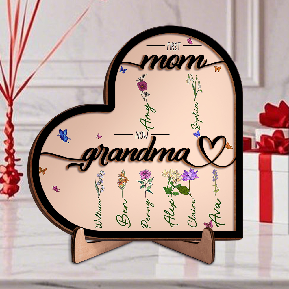 To Mom/Grandma -Personalised Heart-Shaped Wooden Plaque Custom with Flowers & 1- 10 Names Ornament Mother's Day Gift | Jessemade