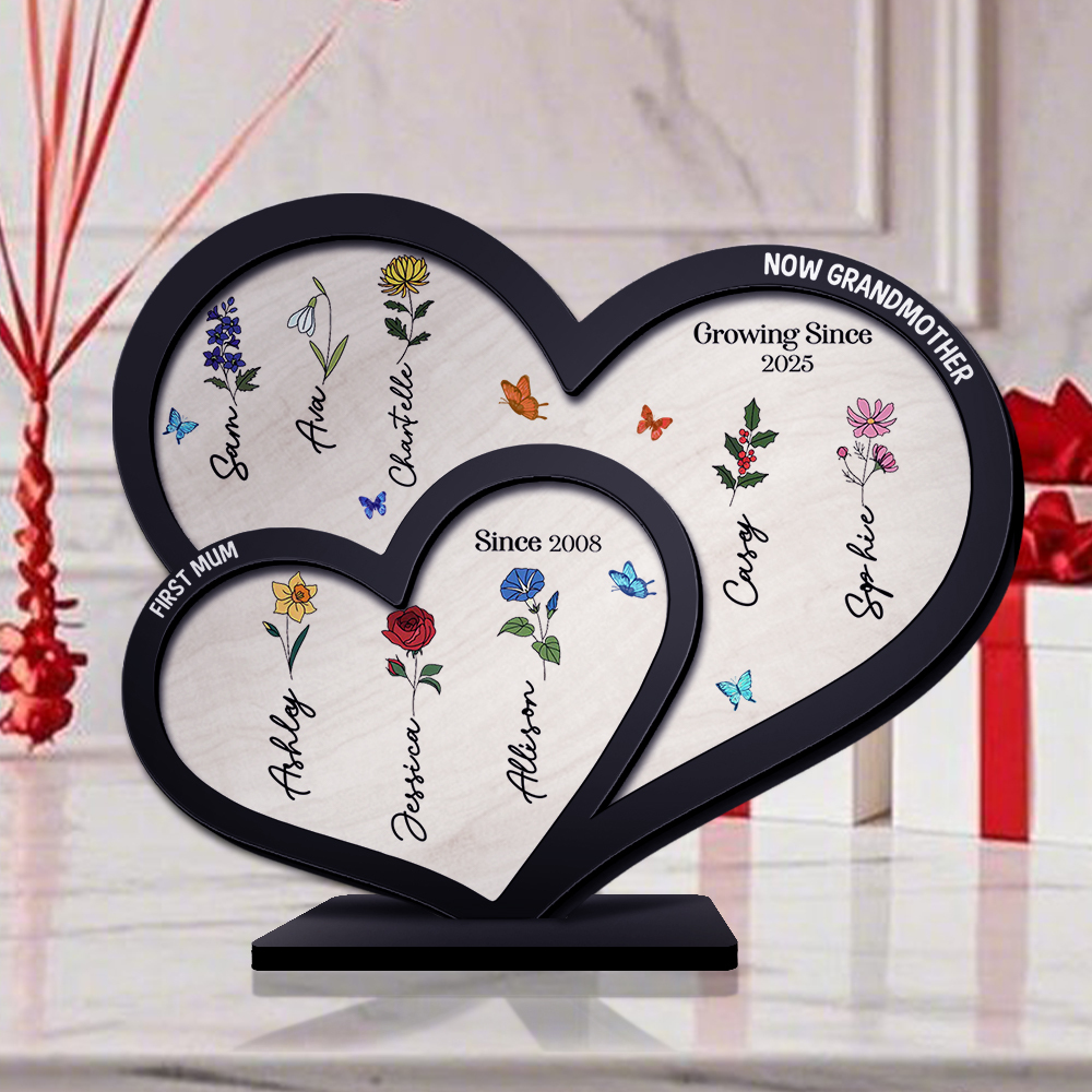 To Mom/Grandma -Personalised Heart-Shaped Wooden Plaque Custom with Flowers & 1- 10 Names Ornament Mother's Day Gift | Jessemade