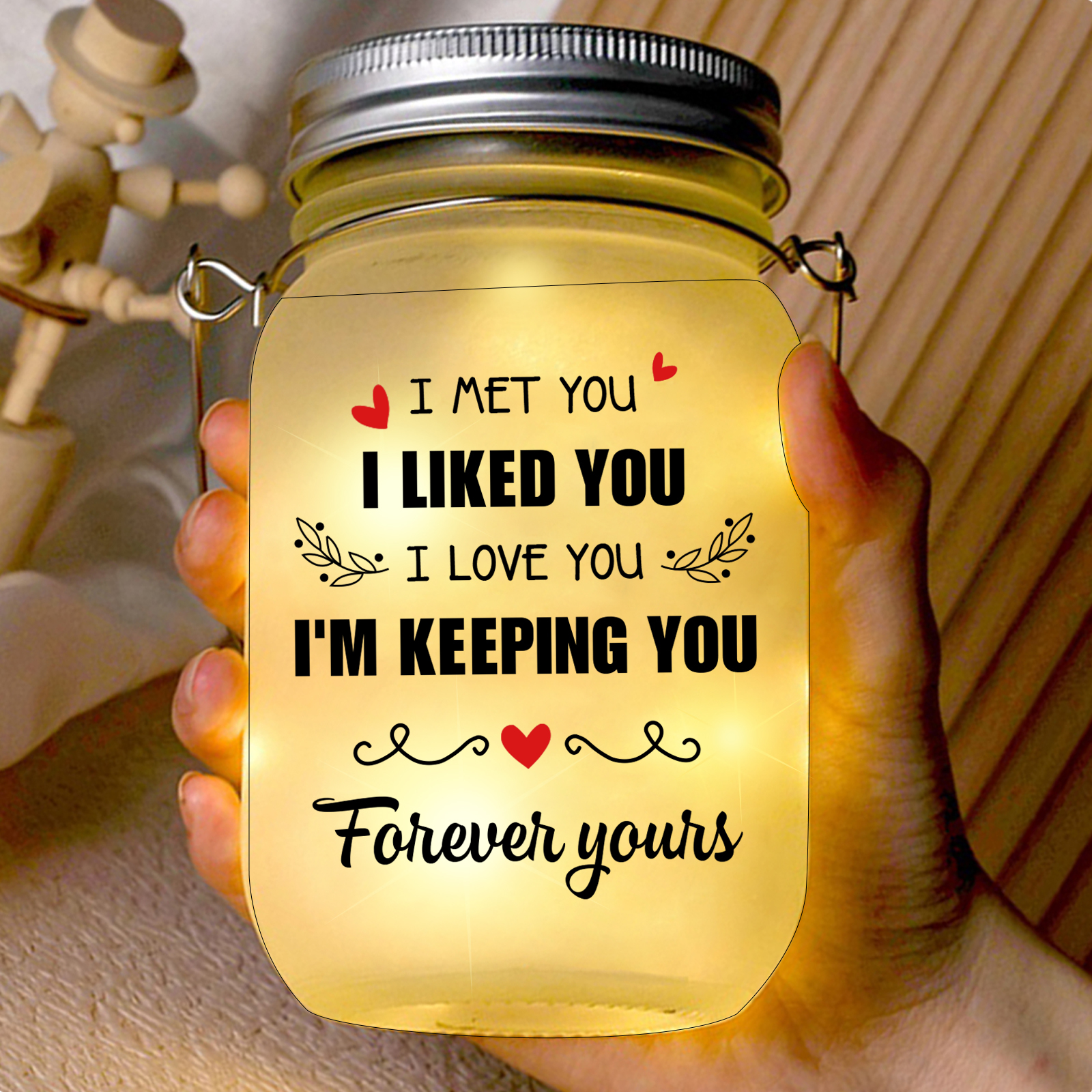 Doll Couple Kissing Personalised Mason Jar Light with 2 Names Romantic Gift for Him and Her