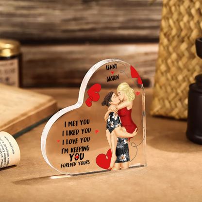 Doll Couple Kissing Personalised Heart Shaped Acrylic Plaque with 2 Names Romantic Gift For Him and Her
